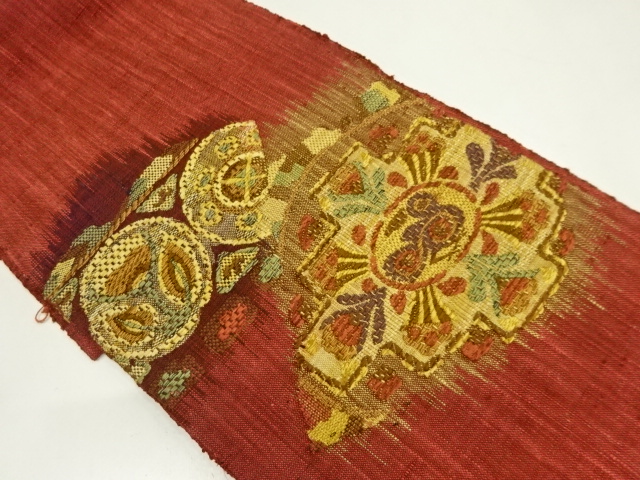 リサイクル　手織り真綿紬抽象鳥に花模様織り出し名古屋帯